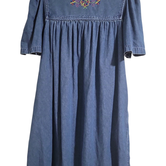 Bechamel Vintage Denim Embroidered Dress Size M Knee-length Pockets - Picture 3 of 15
